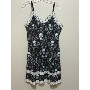 Romwe Black Lace Trim Slip Dress L Gothic Skull Print Whimsigoth Spaghetti Strap
